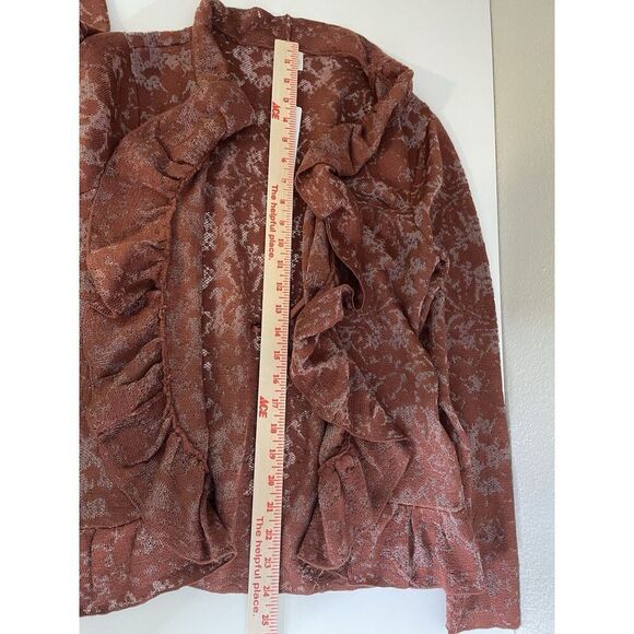 Chico's Size 1 S Burnout Cardigan Rich Mahogany Knit Ruffle Open Front NEW $109 - Picture 12 of 12
